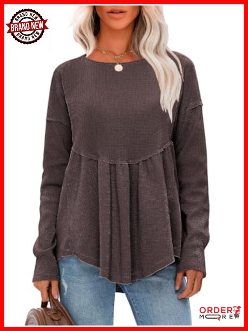 Waffle Knit Long Sleeve Tunic Top Crewneck Loose Babydoll Maternity Blouse